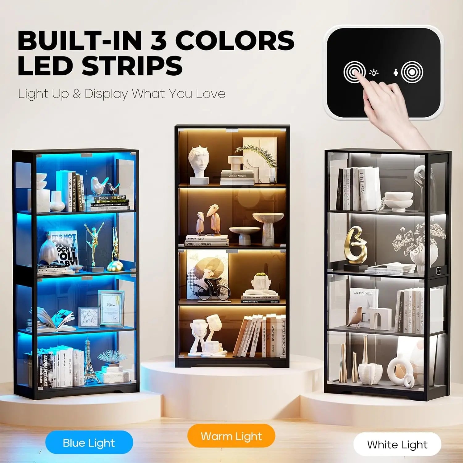 Display Cabinet with Glass Doors, 4-Tier Curio Cabinet with 3 Color Lights for Collectibles, Glass Case, Storage Cabinet, Black