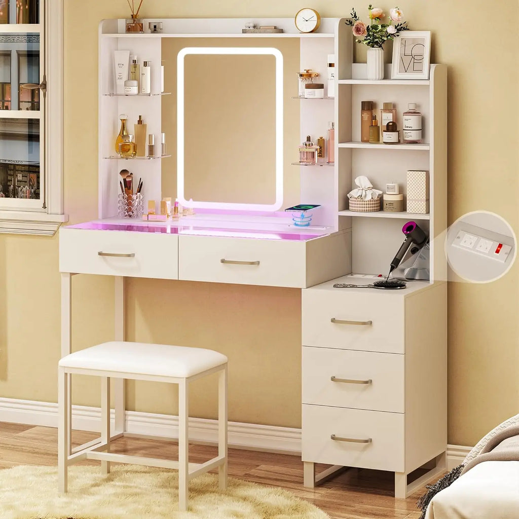 Vanity Desk with Mirror and LED Lights, 43" Makeup Vanity with Glass Top & Wireless Charging, Vanity with RGB Drawers