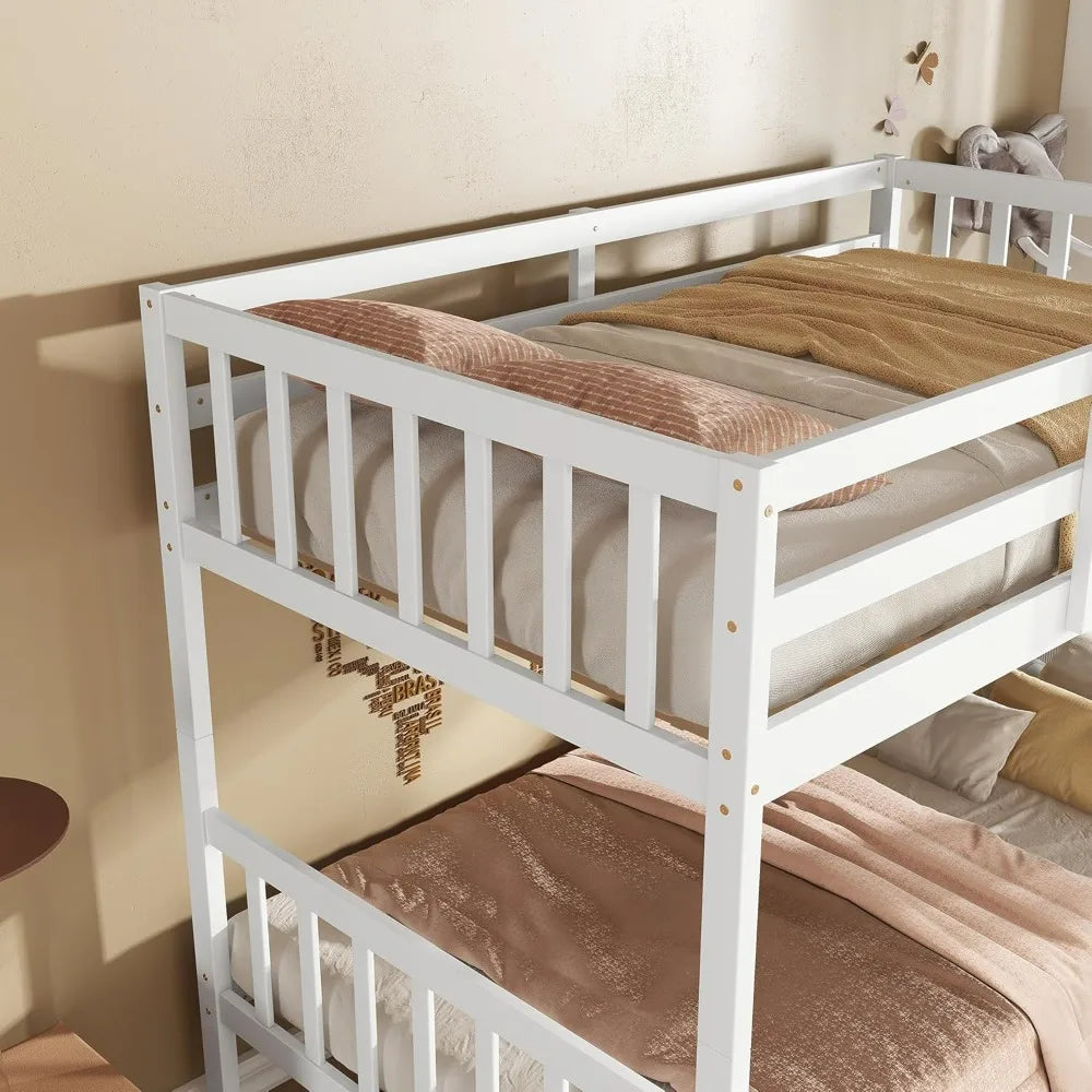 Solid Wood Twin Bunk Bed with Storage, Ladder, and Raised Guardrails for Children, Convertible Design