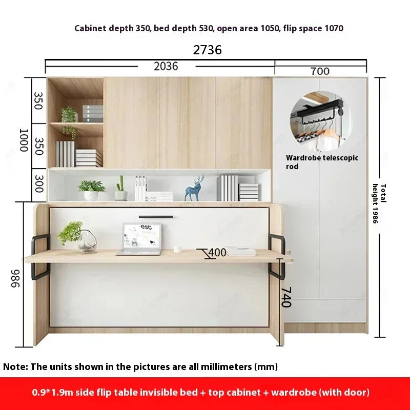 Multifunctional Invisible Desk Bed Bookcase Rotary Rollover Bed Wardrobe Integrated  Murphy Bed Bedroom Set Furniture