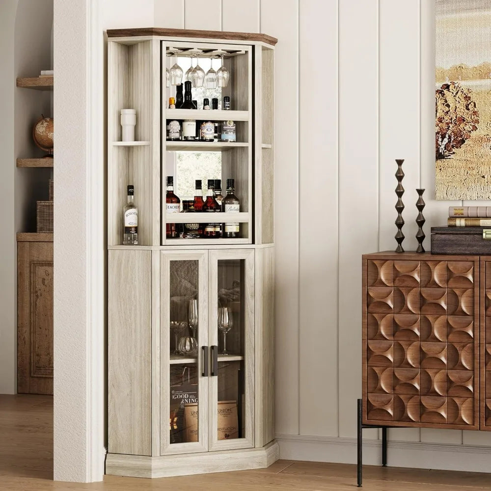 Tall Farmhouse-Style Wine Cabinet with Swiveling Liquor Shelves and Adjustable Barn Door Bar Storage