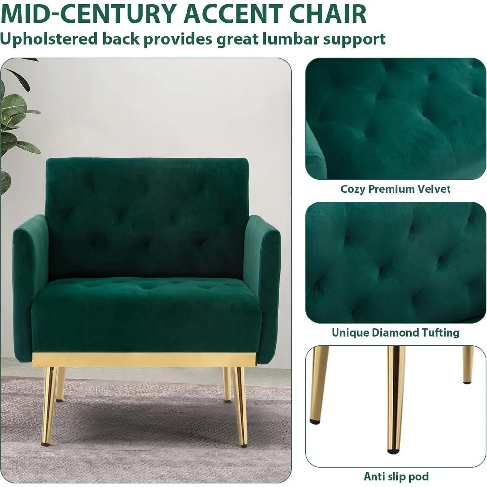 Green Velvet Accent Chairs Set of 2, Comfy Button Tufted Armchair, Upholstered Arm Chairs