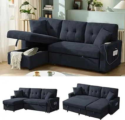 Modern L-Shaped Sofa Bed with Reversible Storage Chaise, Black Convertible Sectional Sofa featuring USB Ports and 3-in-1 Sleeper