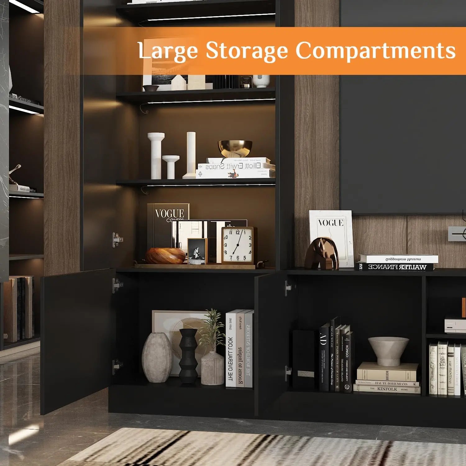 114" Large Wall Unit Entertainment Center with Bookshelves, Lights and 18 Shelves, Modern 4-Piece TV Stand Media Console Table