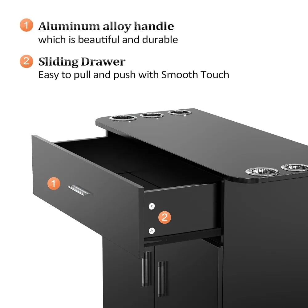 Salon Storage Station, Free Standing Cabinet with 1 Drawer, 1 Storage Cabinet, 6 Hair Dryer Holders for Hair Styling, Black
