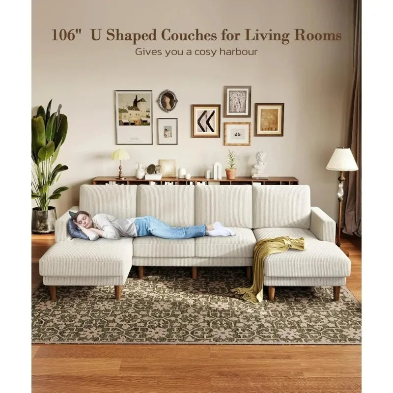 Beige U-Shaped Sectional Sofa with Chaises, Corduroy Fabric, Living Room Furniture, Easy Assembly, 4-Seat Loveseat