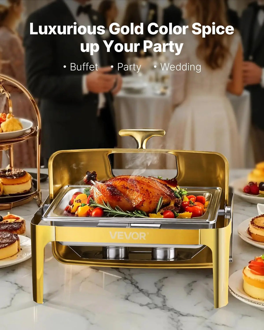 Roll Top Chafing Dish Buffet Complete Set, 9 Qt Stainless Steel Chafer with Full Size Pan, Rectangle Catering Warmer Server