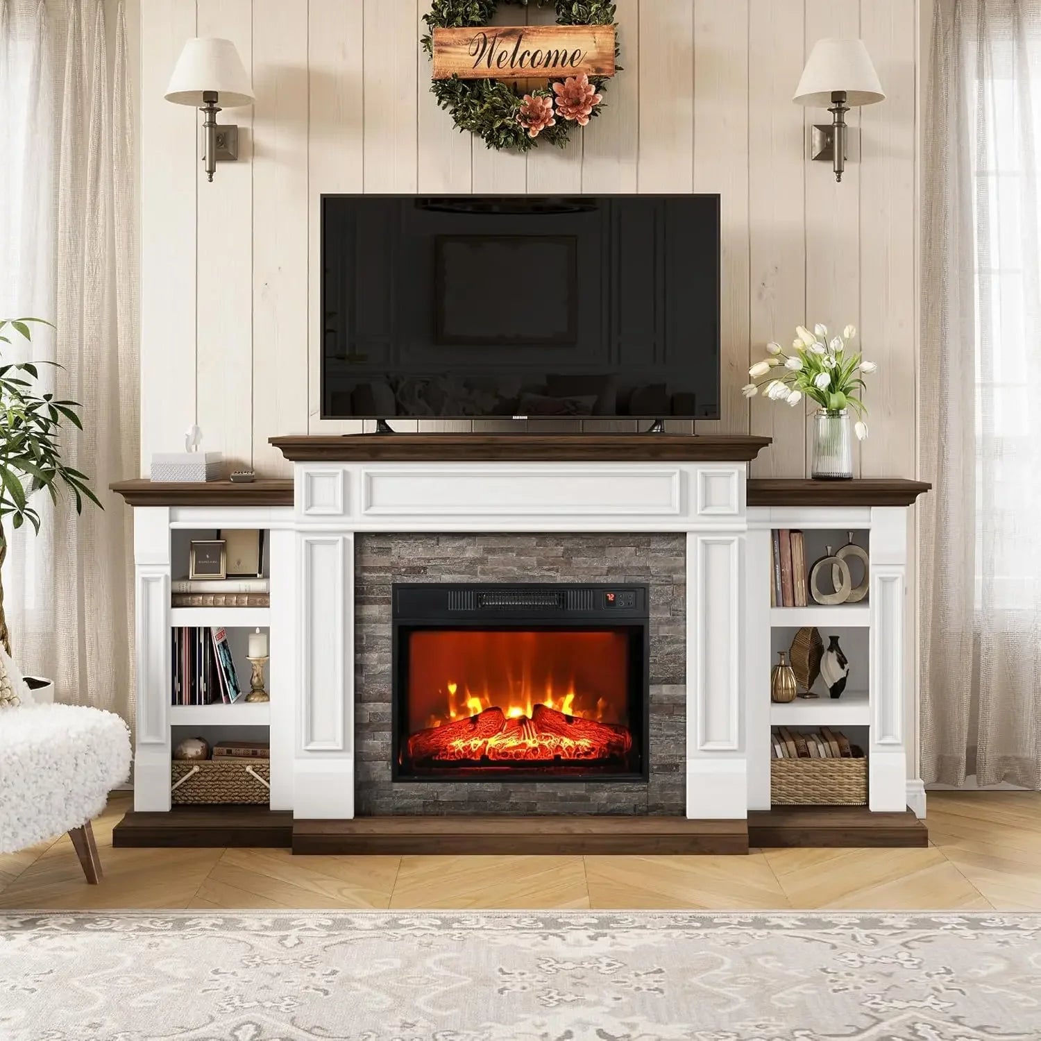 72" Electric Fireplace with Mantel, Fireplace TV Stand for TVs Up to 80", Farmhouse Entertainment Center