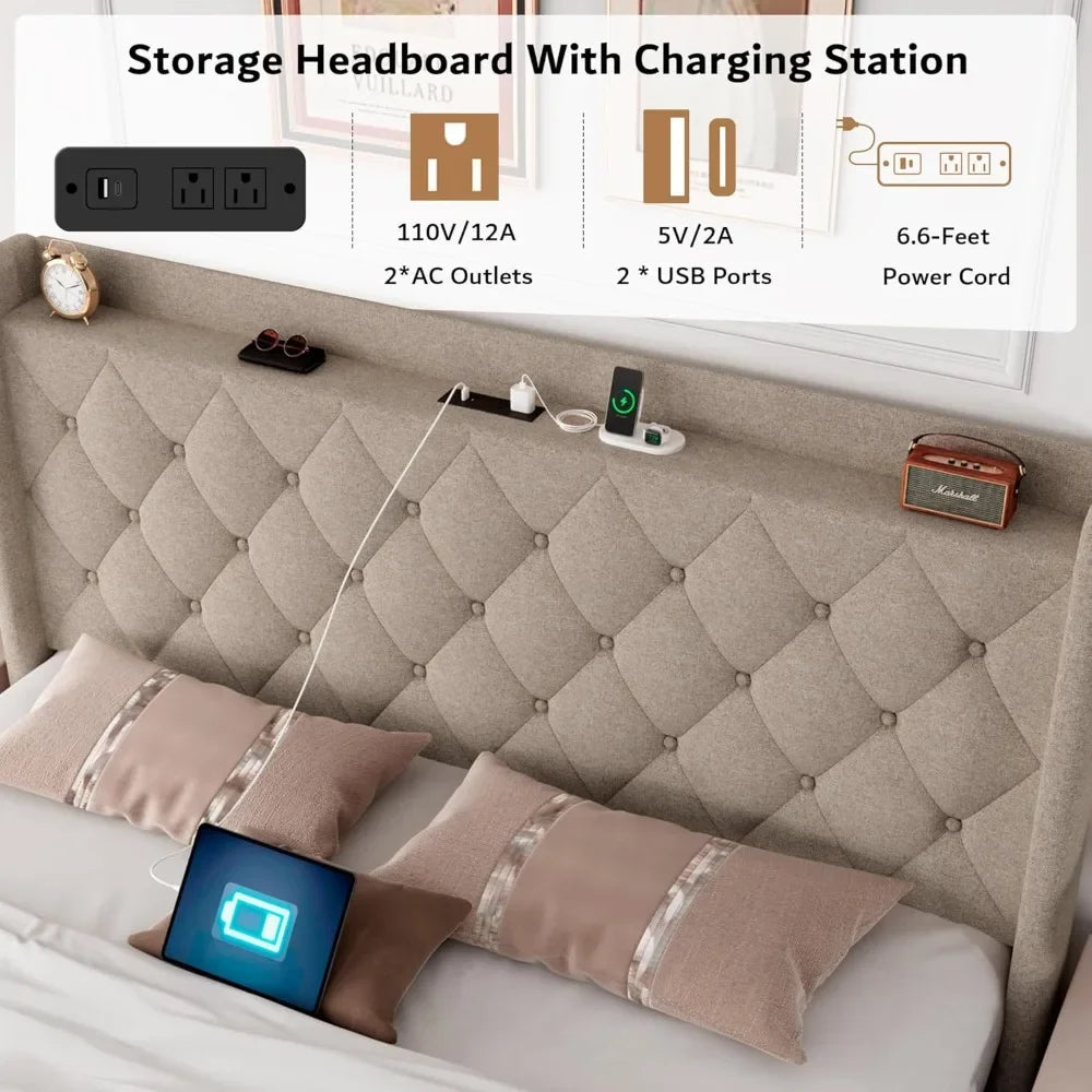 Queen Size Lift Up Storage Bed Frame with Charging Station, Upholstered Platform Bed Frame with Tufted Headboard, Hydraulic