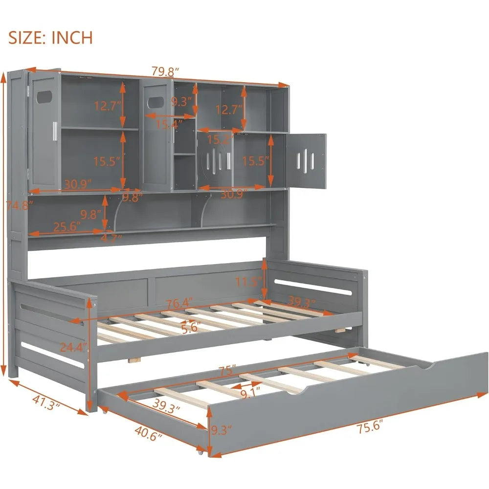 Gray Merax Twin Daybed with Trundle, Bookcase, and Cabinet Shelf Combo