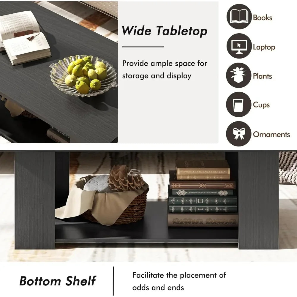 2-Tier Coffee Table, Modern Rectangular Center Cocktail Table with 5 Support Legs, Wooden Accent Living Room Furniture