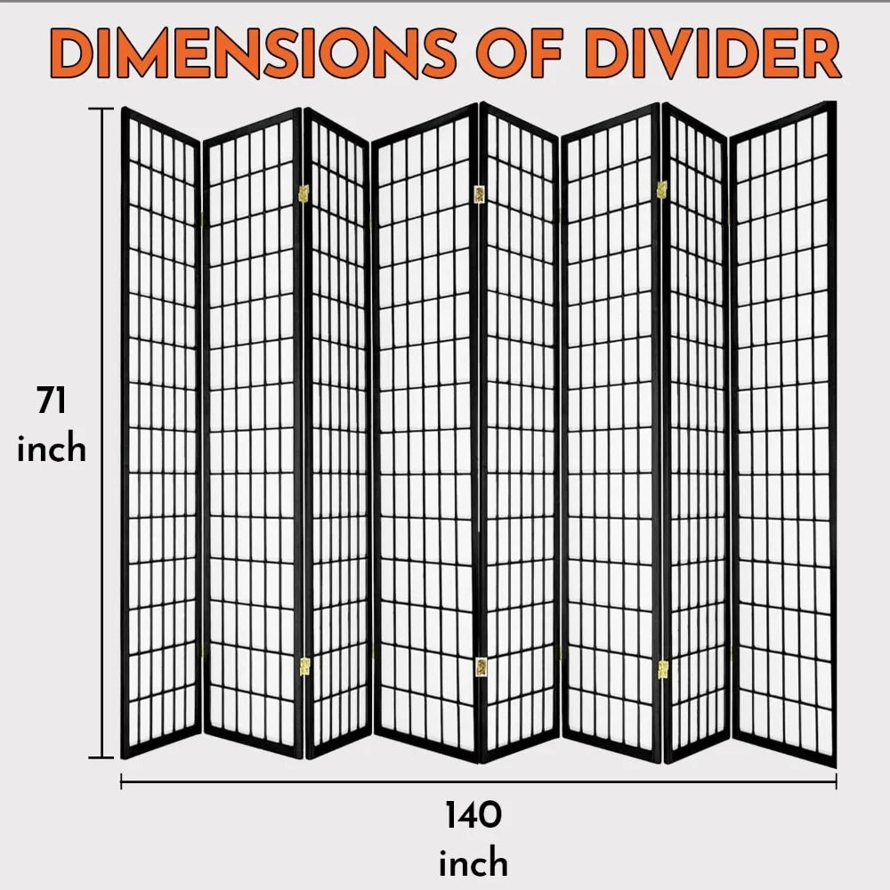8 Panels Room Divider Privacy Screen Partition Shoji Style Black Finish 71" High x 140" Wide