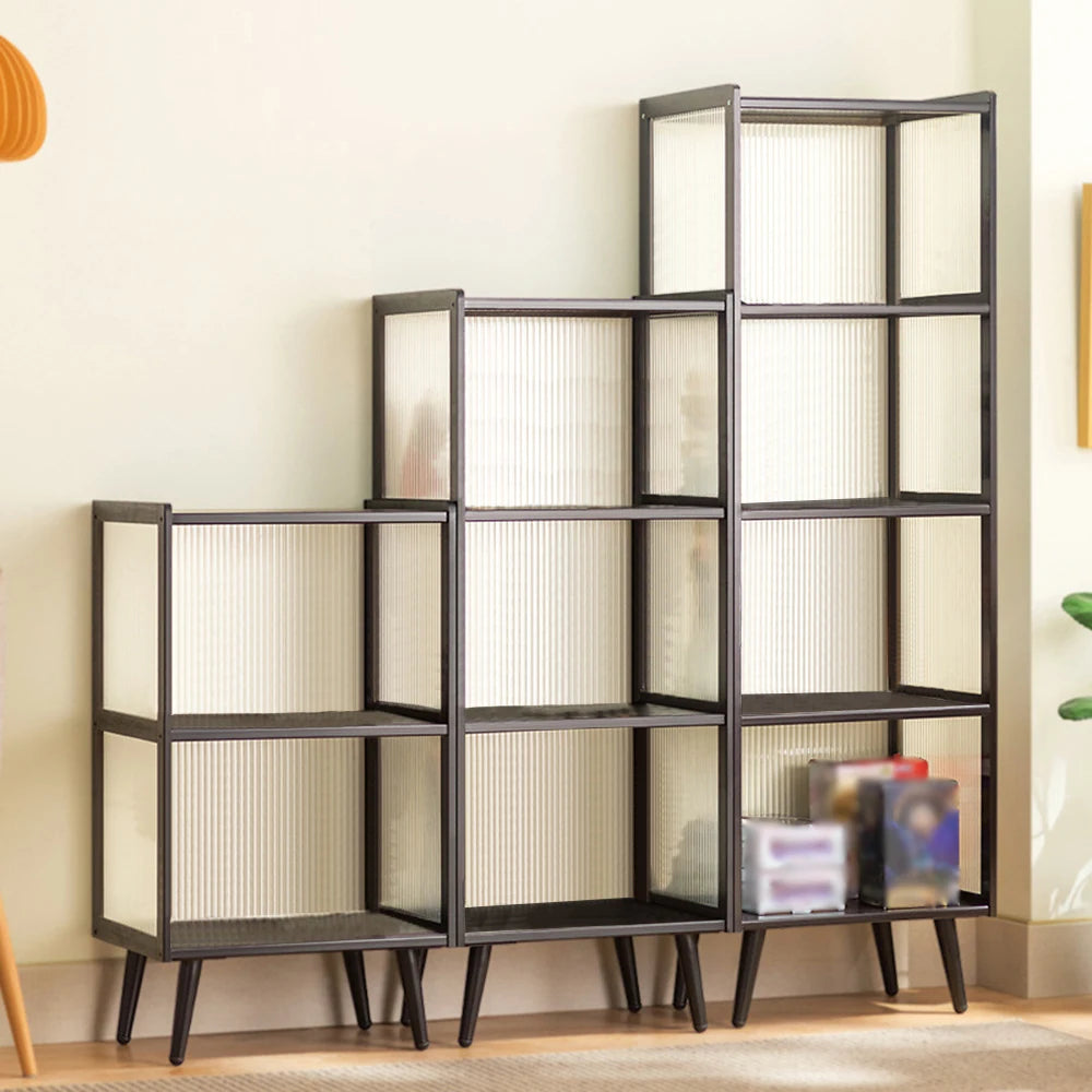 4-Tier Black Metal Display Cabinet with Fluted Acrylic Doors/ Stackable Dustproof Figurine/ Collectibles Showcase Open/Closed Combo Bookshelf Freestanding Toy Figure Storage Shelf for Living Room Home Decor