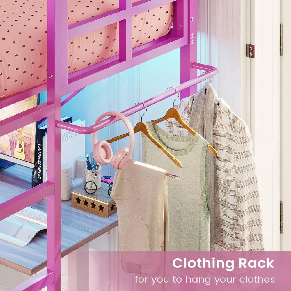 Twin Size Pink Loft Bed with LED Lights, Full-Length Guardrail, and Clothes Rack - Heavy Duty Metal Frame