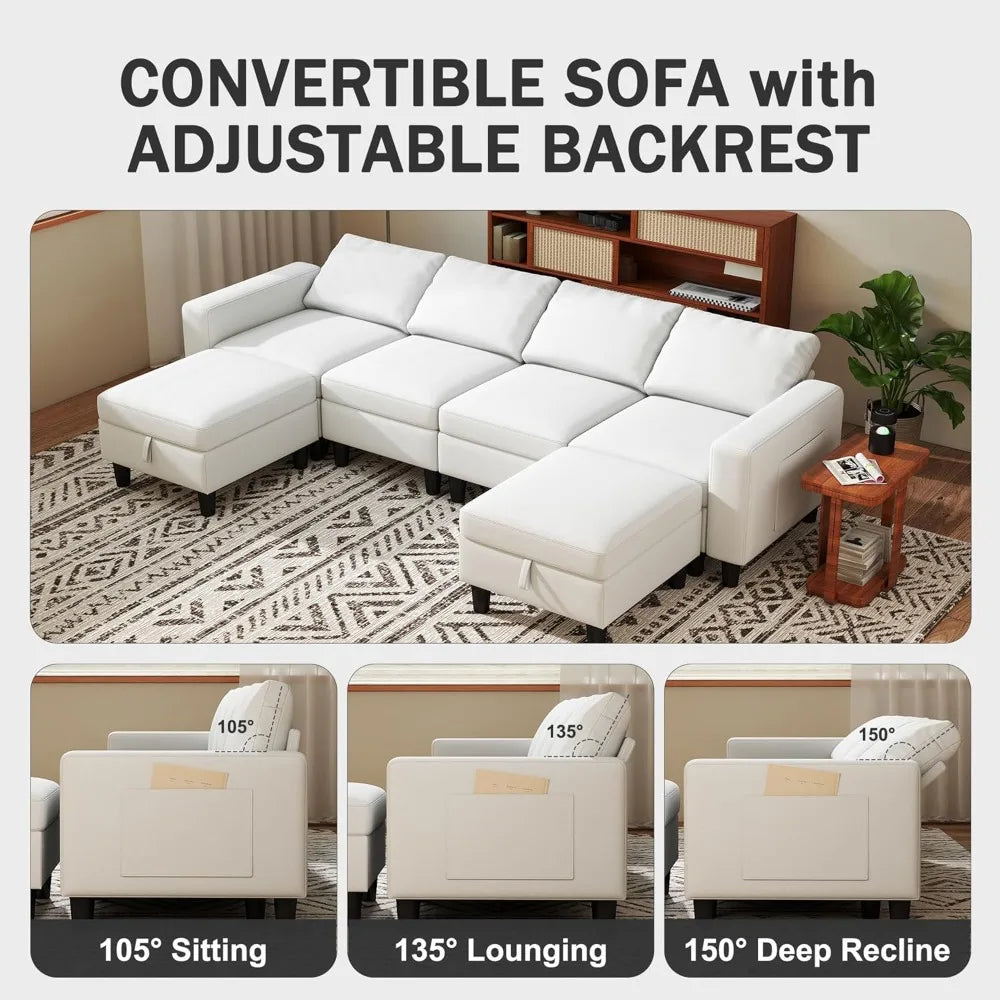Modular Sectional Sofa, 110" Modular Couch with Storage & Adjustable Backrest, 6-Seat Convertible Sectional Couches