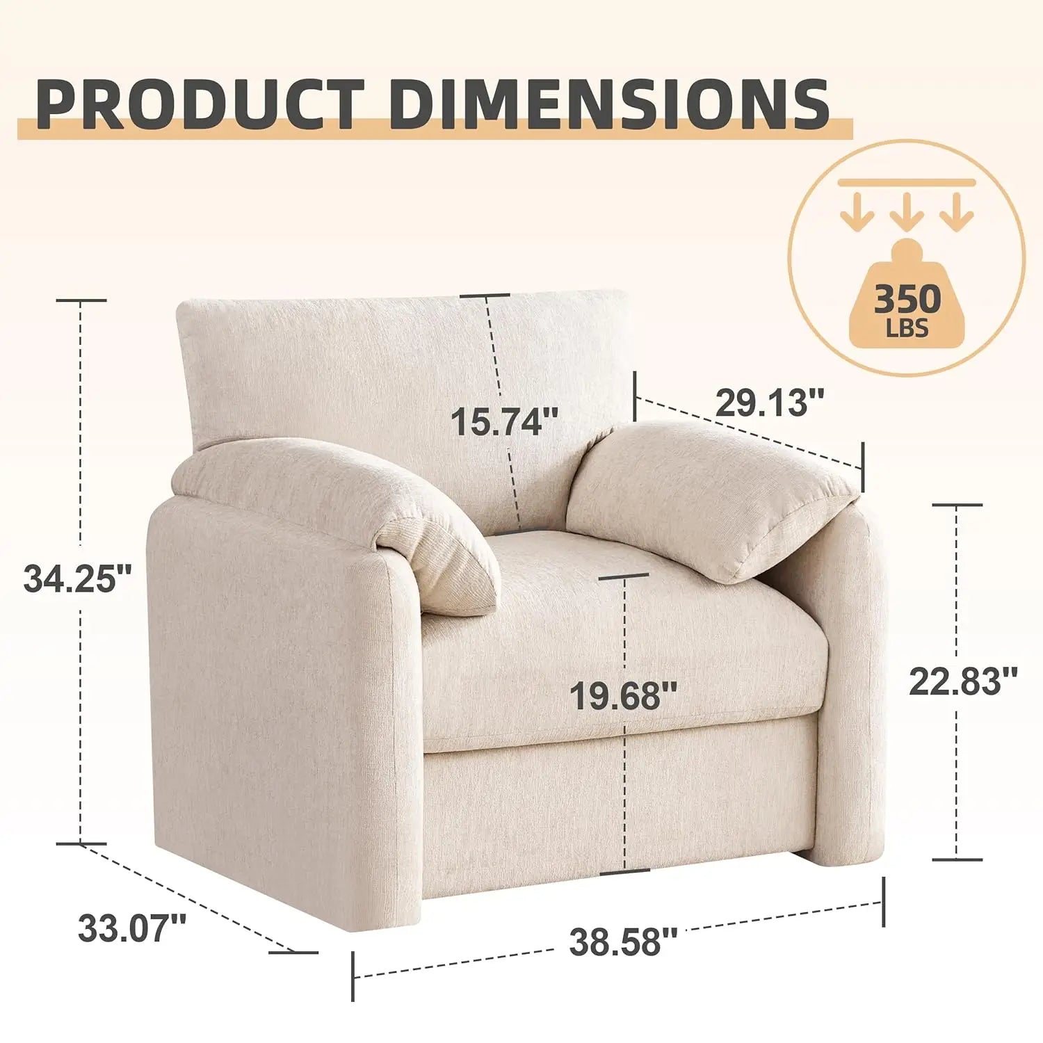 38.6in Chenille Oversized Armchair Mid-Century Upholstered Lounge Reading Chair Living Room Bedroom Beige Customized
