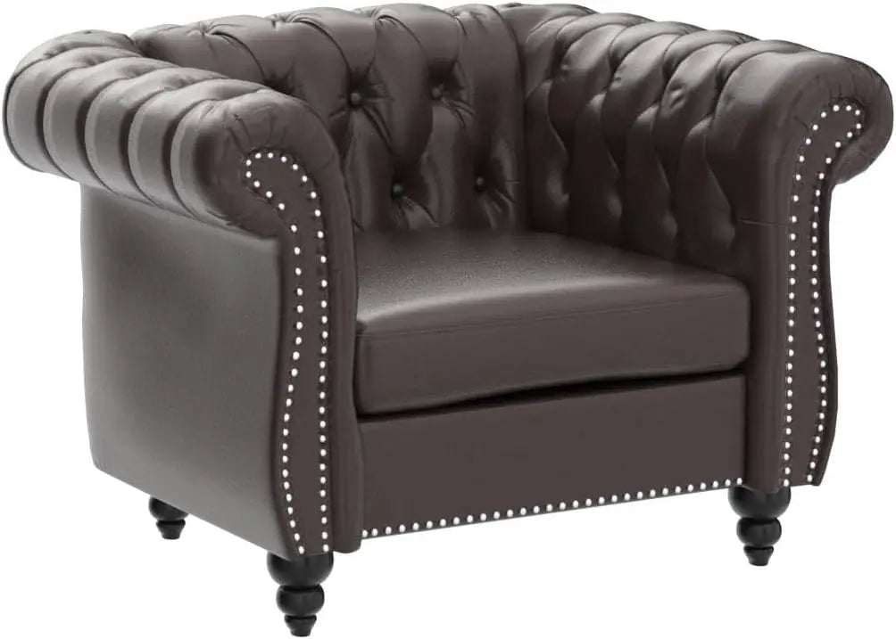 Leather Chesterfield Chair, Mid-Century Modern Single Sofa Chair, Tufted Upholstered Rolled Armchair