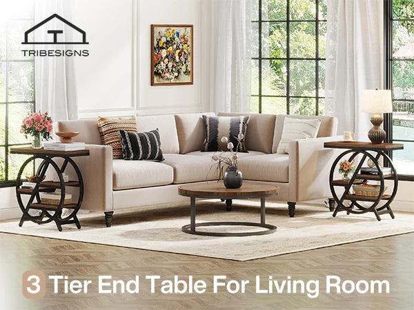 Tribesigns End Table for Living Room, 3-Tier Narrow Side Table with Storage, Wood Sofa Side Table with Geometric Metal Frame