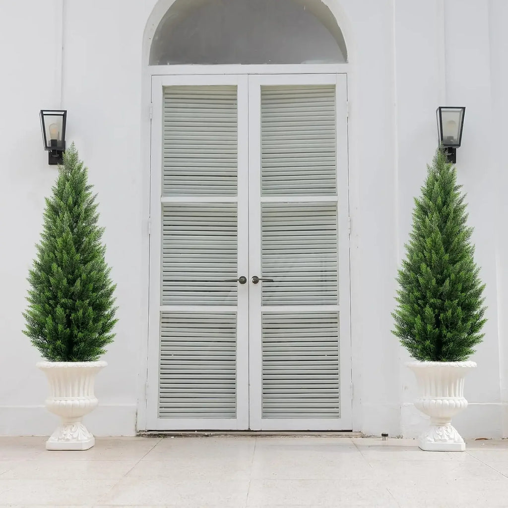 Artificial Topiary Cedar Trees 5FT Tall 2 Set, Outdoor Indoor Faux Pine Shrubs Plants, Realistic Fake Plants Front Porch Decor