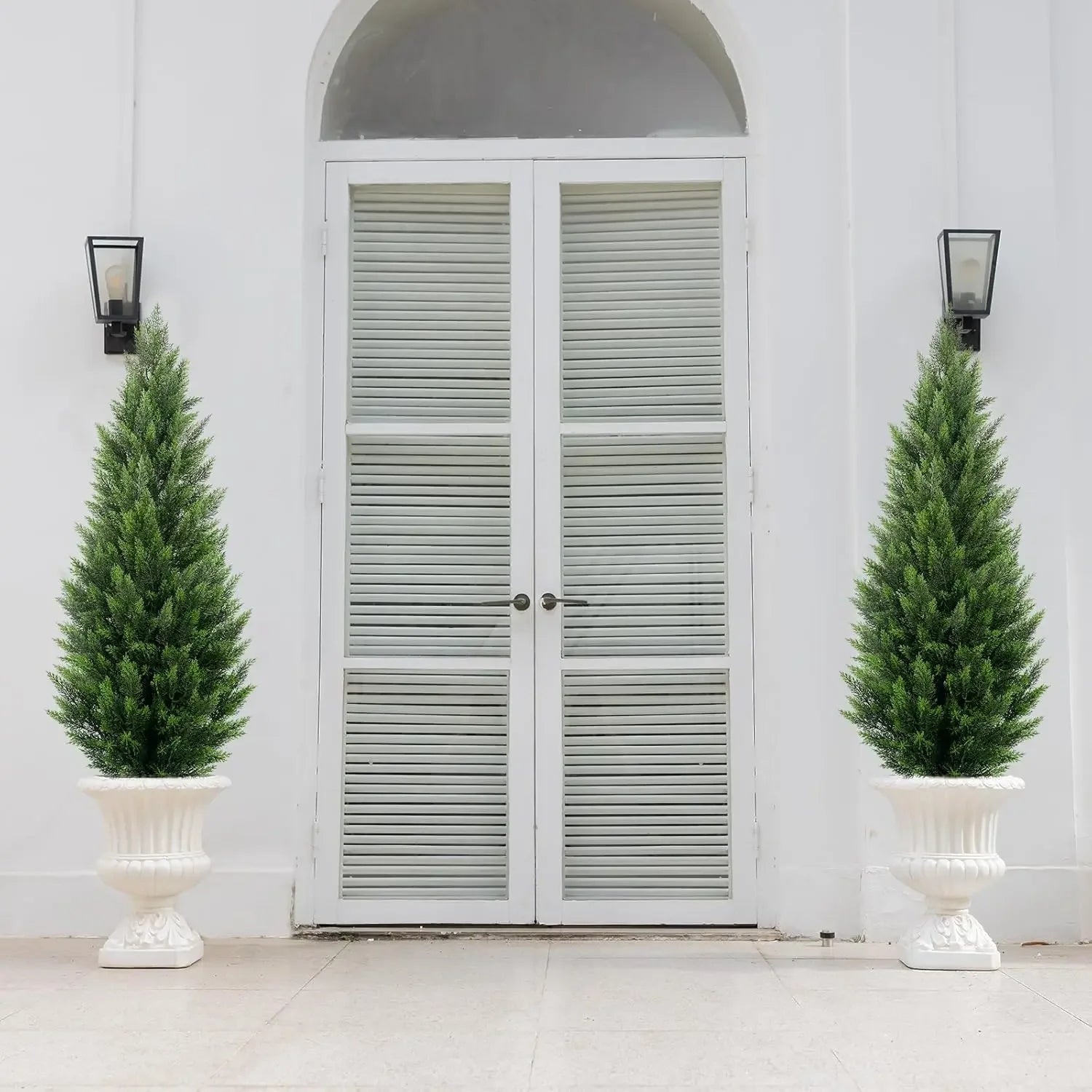 Artificial Topiary Cedar Trees 5FT Tall 2 Set, Outdoor Indoor Faux Pine Shrubs Plants, Realistic Fake Plants Front Porch Decor