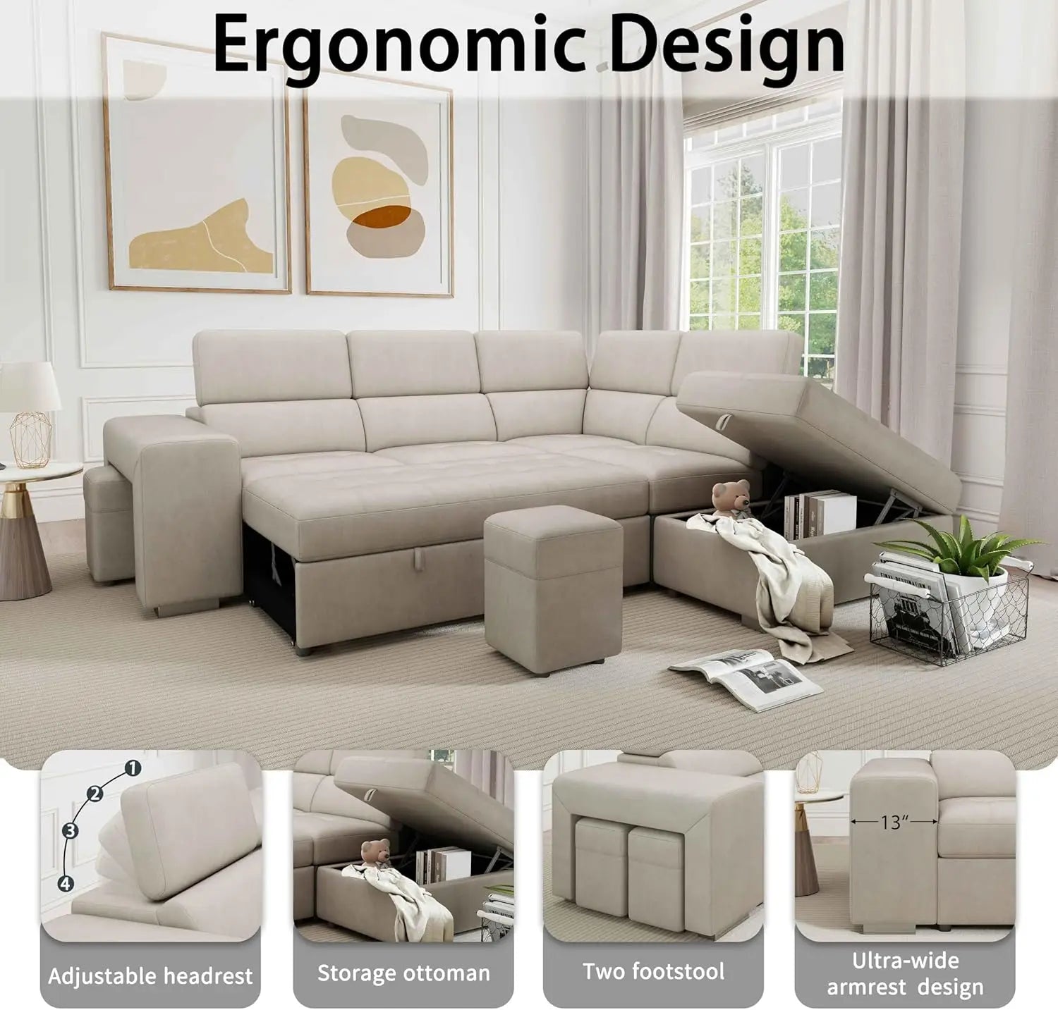 104'' Microfiber L Shaped Sectional Sleeper Sofa Couch with Pull Out Bed and Storage Ottoman, Convertible Couches
