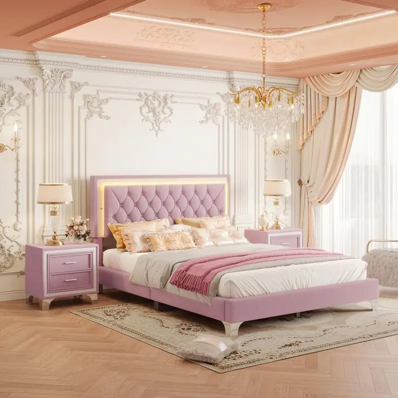3-Piece Bedroom Set, Queen Size Upholstered Bed with LED Lighting & 2 Nightstands, Pink Upholstered Platform Bed