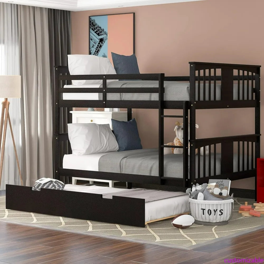 Twin Over Twin Bunk Bed with Trundle, Transformable into Individual Beds, Crafted from Solid Pine Wood with Safety Railing