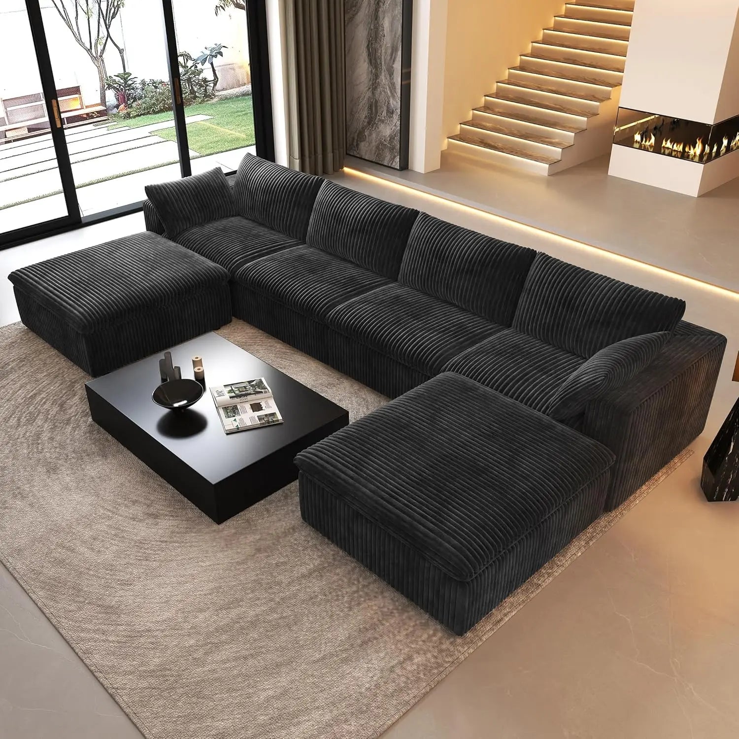 157.5" U Shaped Modern Sofa Modular Sectional Cloud Couch with 2 Ottoman,Deep Seat Upholstered Couches with Corduroy Fabric