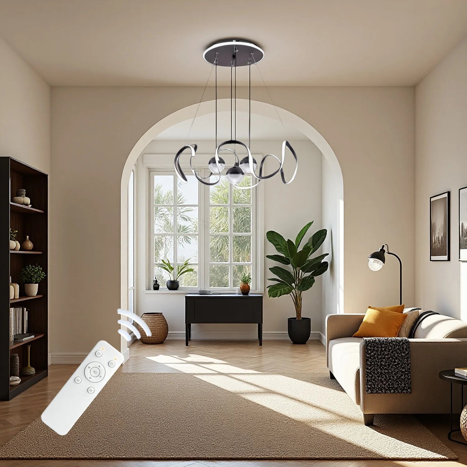 Modern LED Pendant Light with a Wavy Light Ring, Remote Control, Three Adjustable Light Colors, and Adjustable Height; Suitable for Bedrooms, Living Rooms, Above Dining Tables, and Living Rooms
