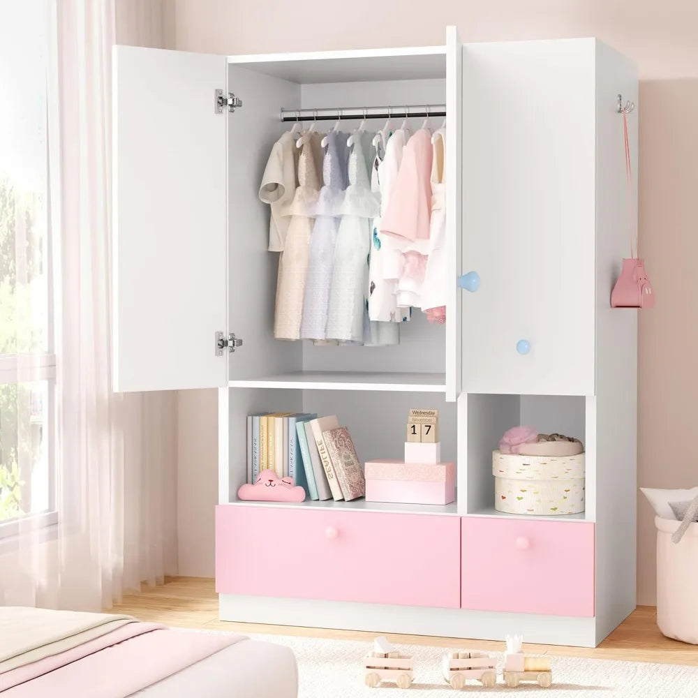 Freestanding Wooden Wardrobe with Adjustable Shelves and Drawers