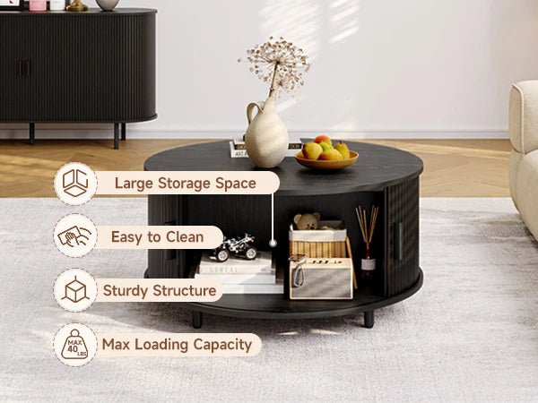 Round Coffee Table with Storage,31.5" Modern Coffee Table with 360° Curved Sliding Door, Fluted Wood Accent Coffee Table
