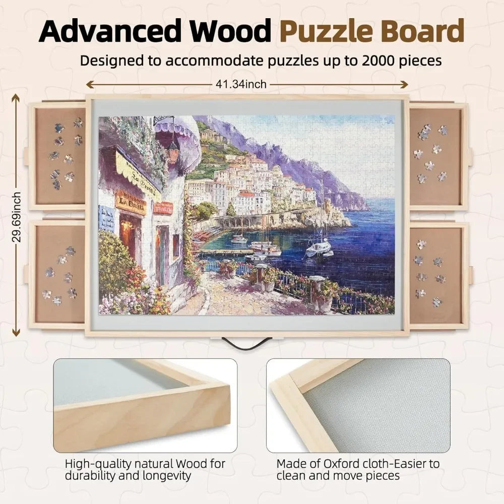 JIG 2000 Pieces 2-in-1 Tilting & Rotating Puzzle Board for Adults Gifts, Wooden Jigsaw Puzzle Table with 4 Drawers