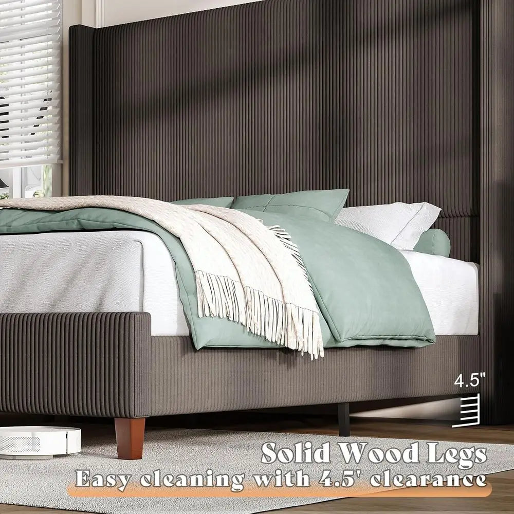 Chestnut 62 Corduroy Platform Bed Frame with Tall Wingback Headboard, No Box Spring Needed