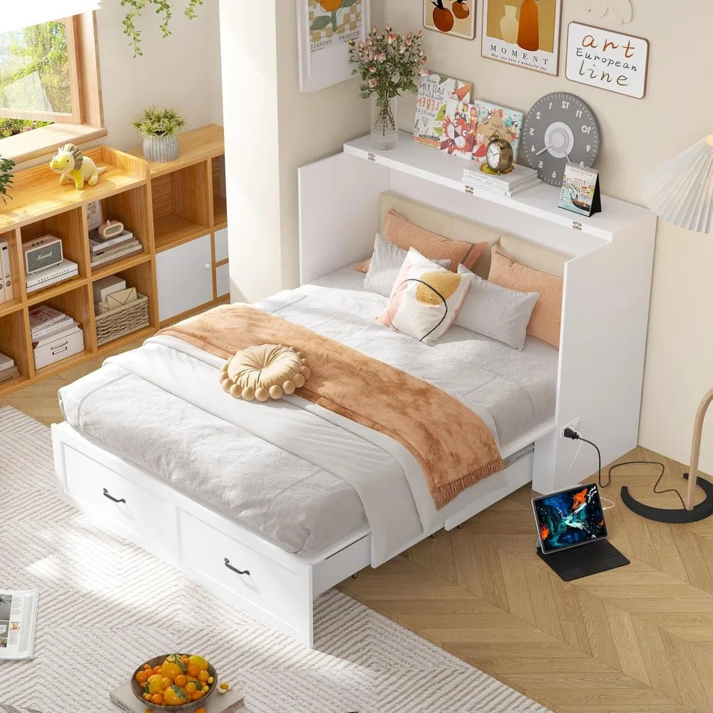 Multi-Functional Murphy Cabinet Bed, Queen Size Bed Frame, Murphy Bed Chest with Built-in Power Strip & Drawers
