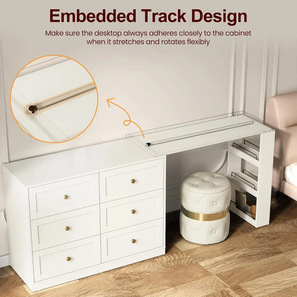 Vanity Desk and Dresser Combo, 76" L Extendable Big Makeup Vainty with 6 Drawer Dresser and 3 Side Shelves, White
