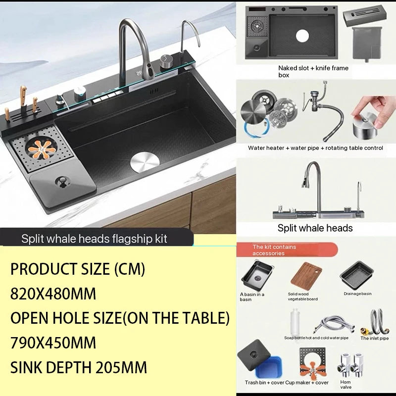 Gold 5mm Waterfall Kitchen Sink/ Honeycomb Technology Large Digital Display Stainless Steel Sink