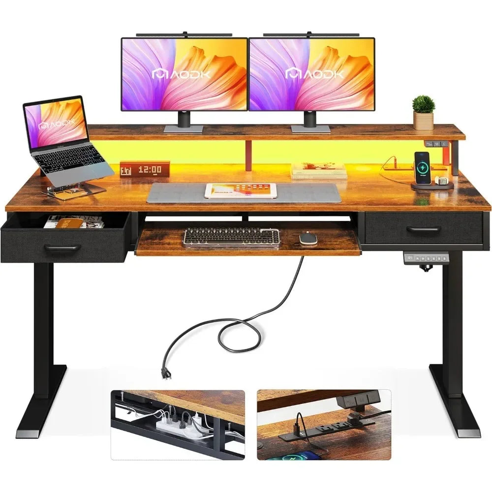 Electric Standing Desk with Drawers & Keyboard Tray, 55" Height Adjustable Gaming Desk with Power Outlets & LED Lights