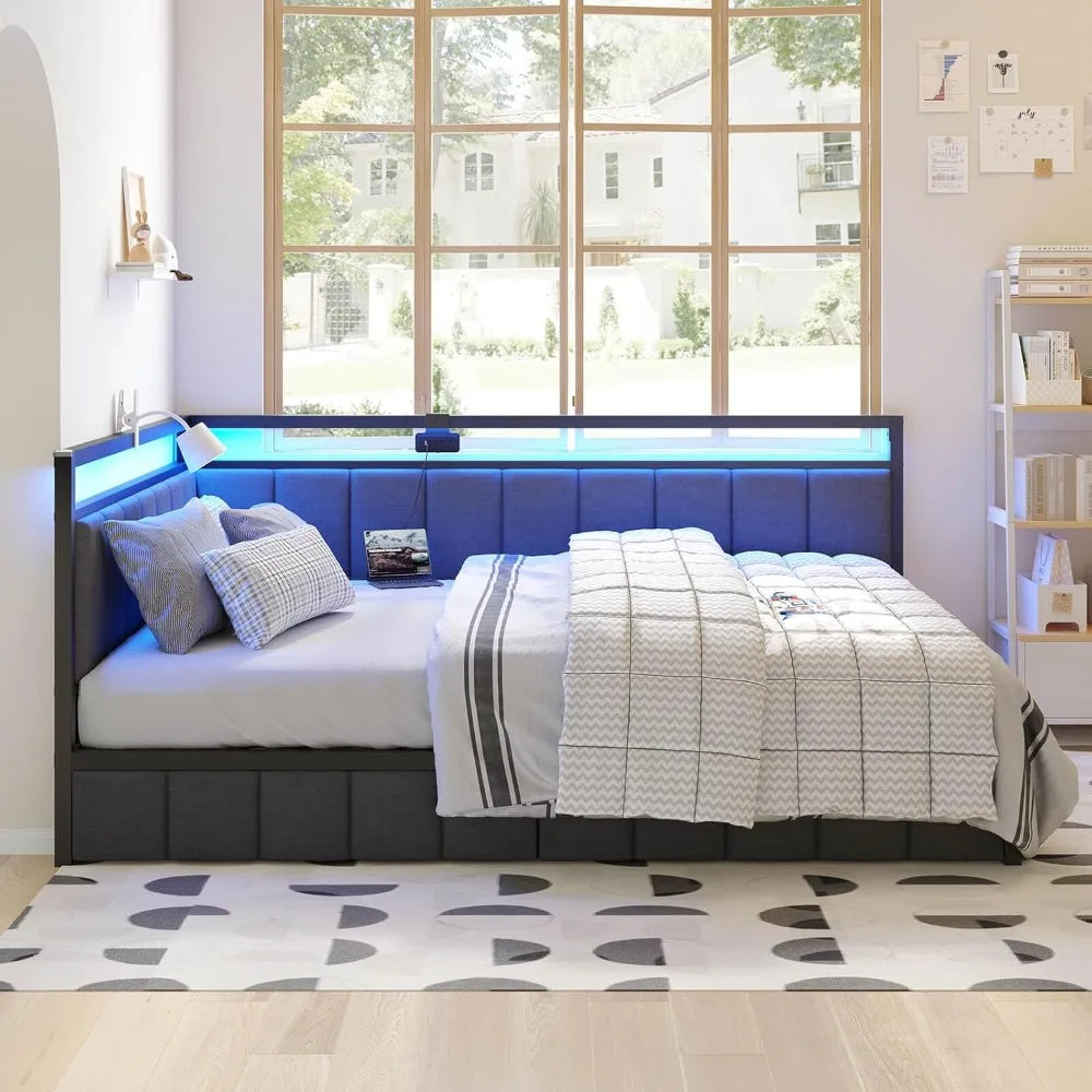 Corner Bed Frame with Storage Drawers, Full Daybed with Lined Fabric Upholstered Fence, Kids Bed Unit with LED Lights & Charger