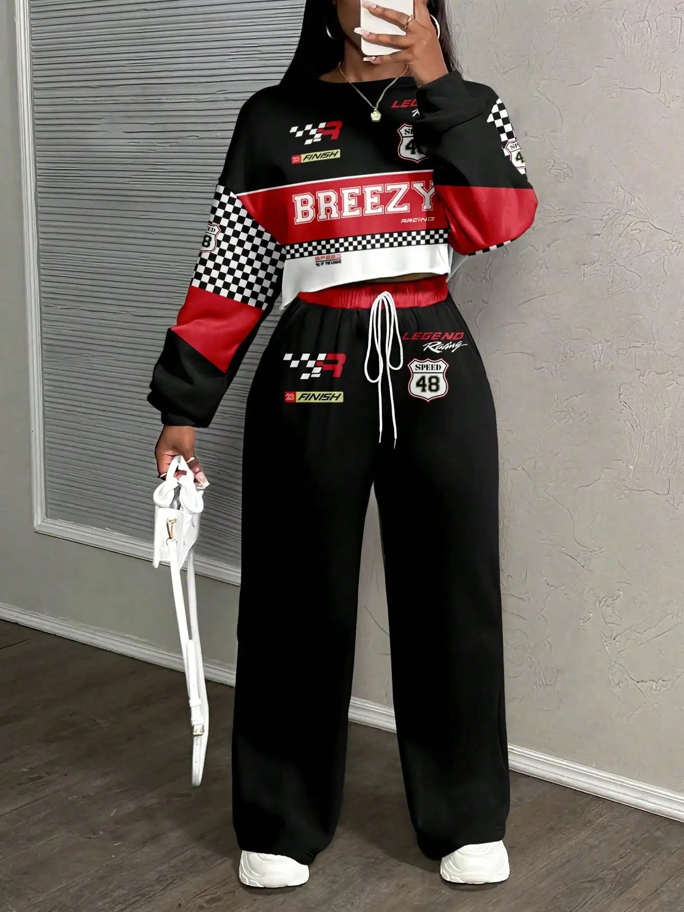 California 23 Two Piece Set Women's Streetwear Crop Top & Wide Leg Pants/Fall Winter