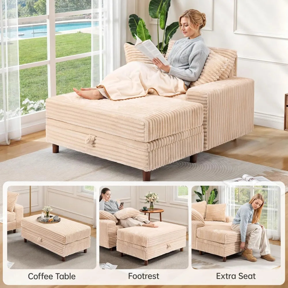 54" Oversized Chaise Lounge Chair Indoor, Comfy Sofa Bed with Storage and Ottoman, Upholstered Reading Chairs, Cloud Couches