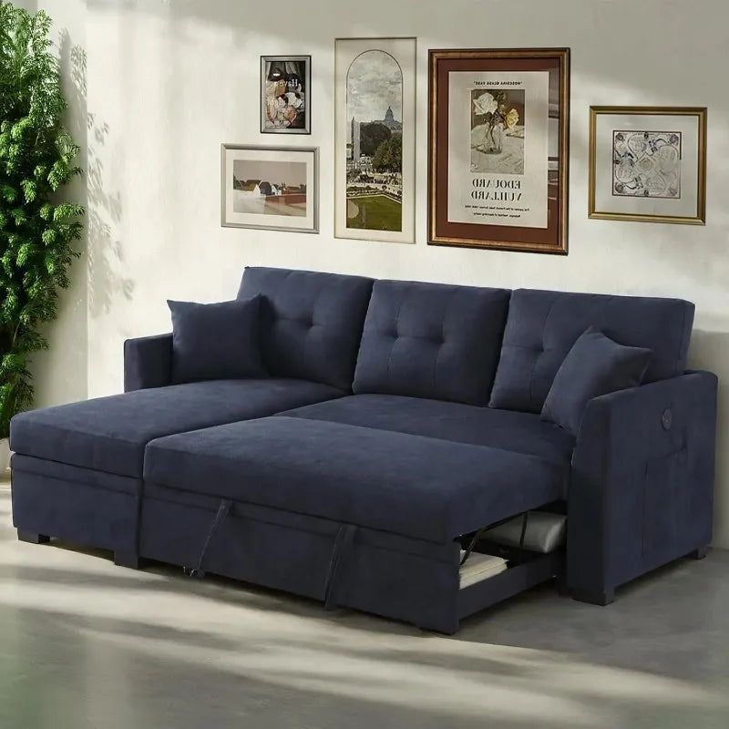 Convertible Sleeper Sofa Bed with L-Shaped Sectional, Reversible Storage Chaise, Dual USB Ports, and Side Pockets