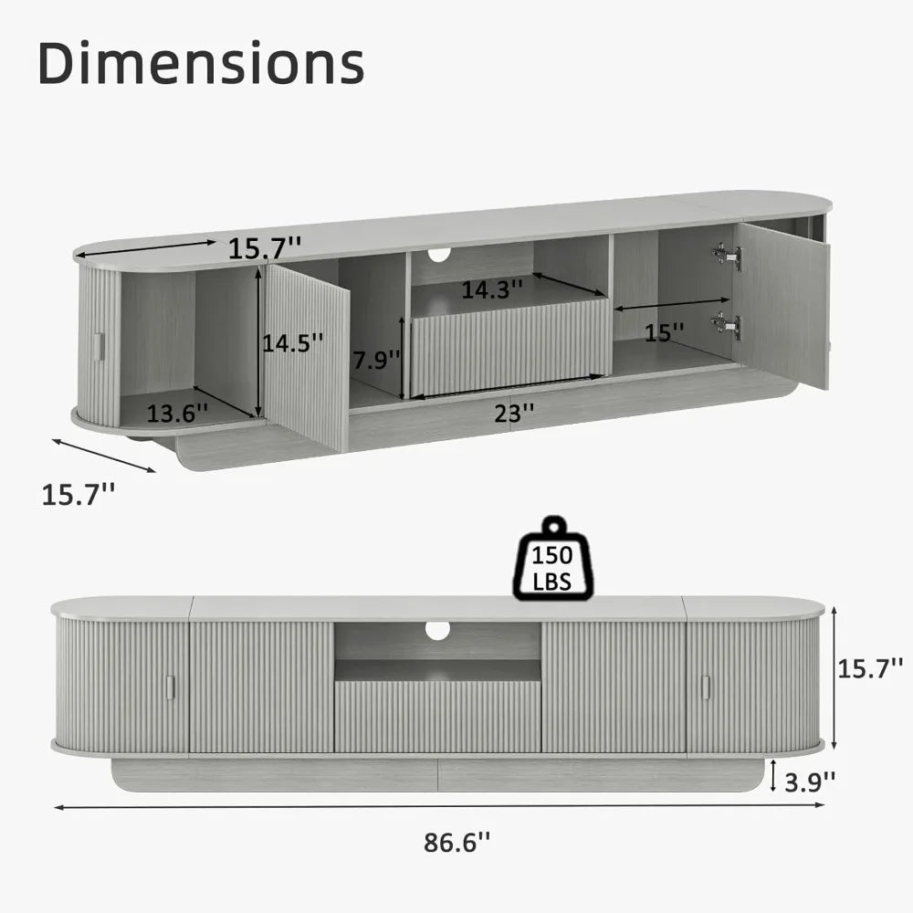 86.61'' TV Stand for 55-85", Entertainment Center with Large Storage Cabinet and Sliding Door, Curved Profile Design