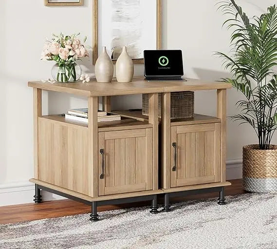 Set of 2 End Tables with Charging Station, Sofa Side Tables with Storage Cabinet for Living Room, Light Wood Bedside Table
