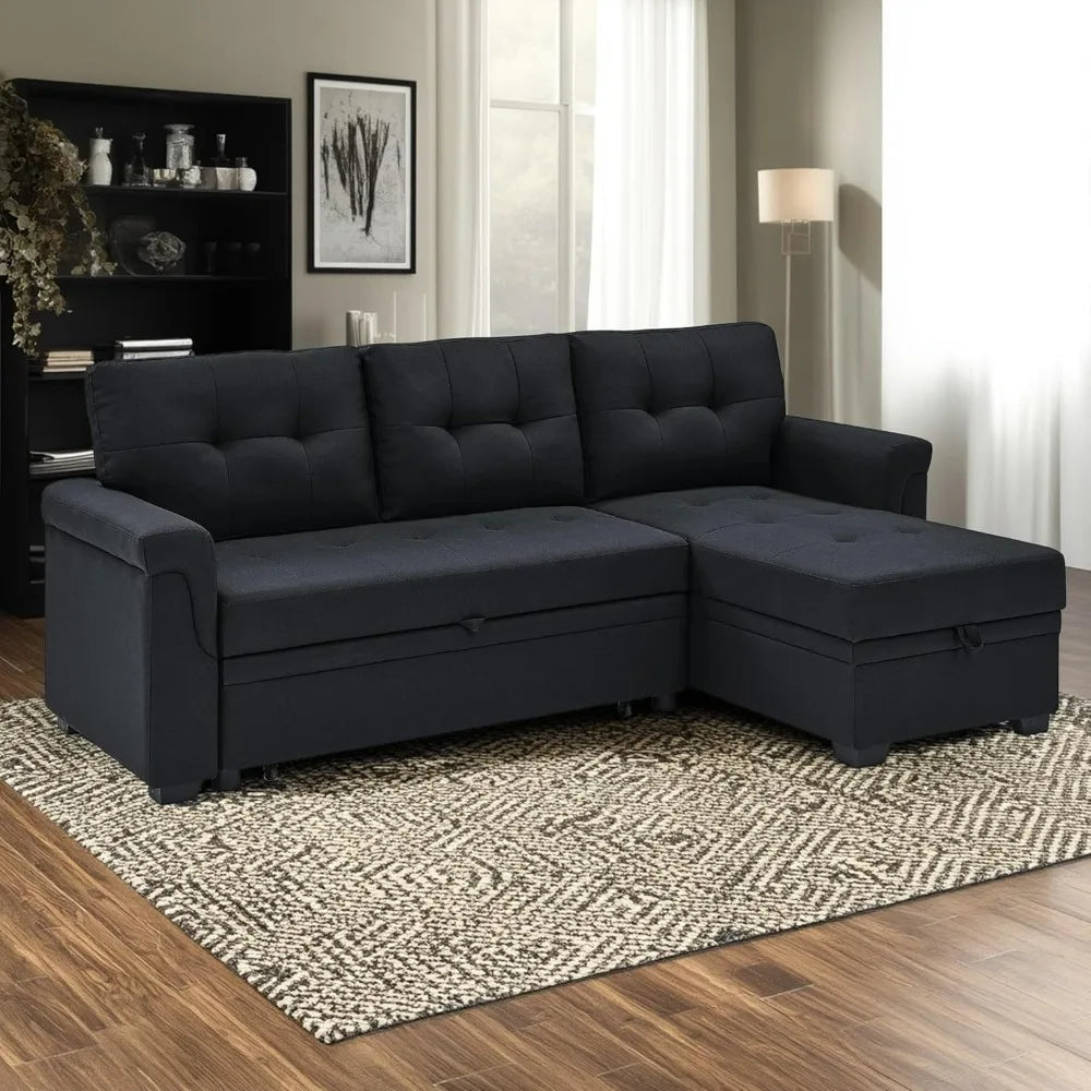 Modern 86" L-Shaped Sectional Sofa with Reversible Chaise, Storage, and Pull-Out Sleeper Bed for Living Rooms and Apartments