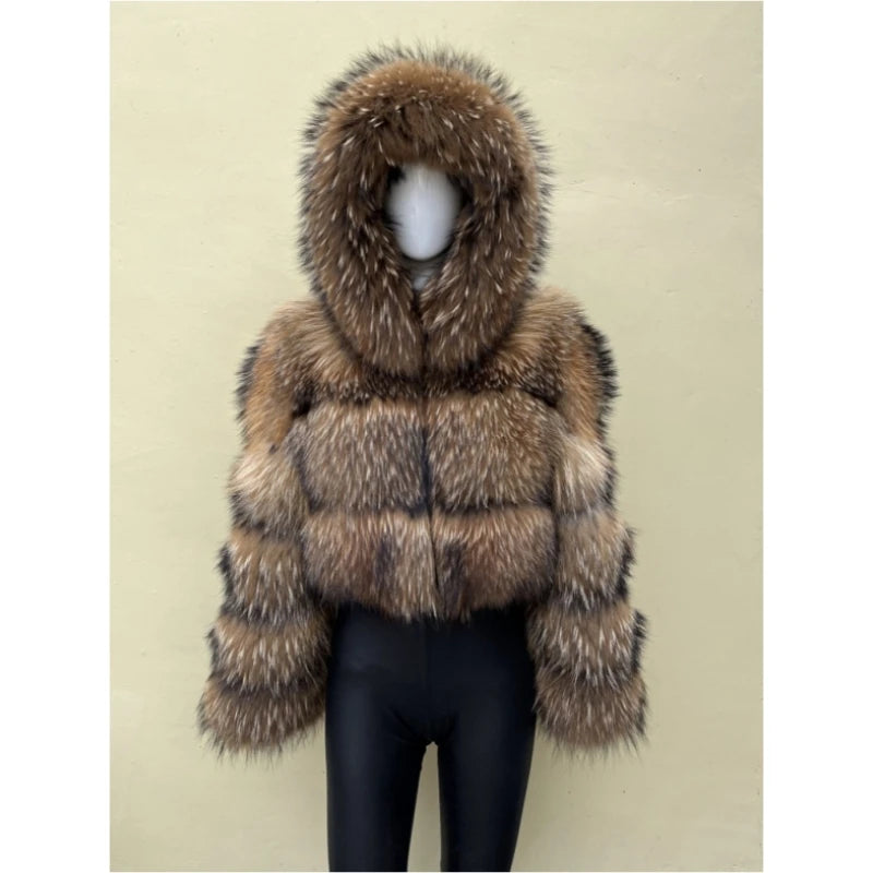 BEIZIRU Women's Short Real Raccoon Fur Coat/ Winter/ Long Sleeve Hooded/ Natural Luxury Thick Jacket for Fashionable Cold Weather
