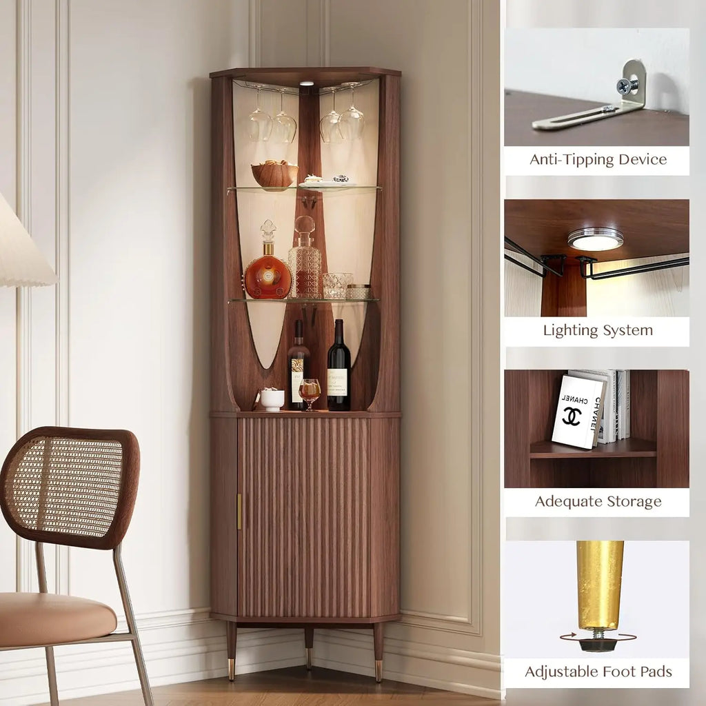 70" Tall Corner Cabinet, Mid Century Modern Cabinet with Doors, Fluted Corner Bar Cabinet with Glass Holder,Walnut