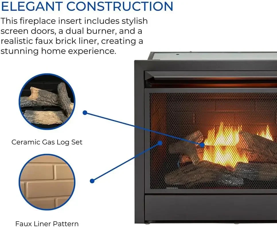 Ventless 26,000 BTU Heats 1,350 Square Feet Dual Fuel No-Clearance Gas Fireplace Insert with Remote Control, Black
