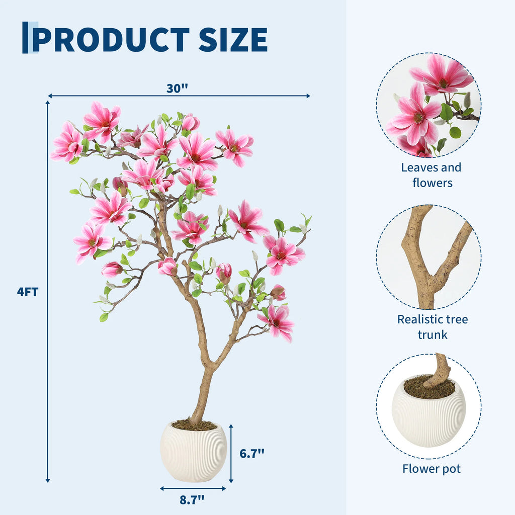 Lifelike Pink Magnolia Artificial Tree for Home Decor – Realistic Tall Silk Faux Plant Flower in Pot for Living Room/ Entryway