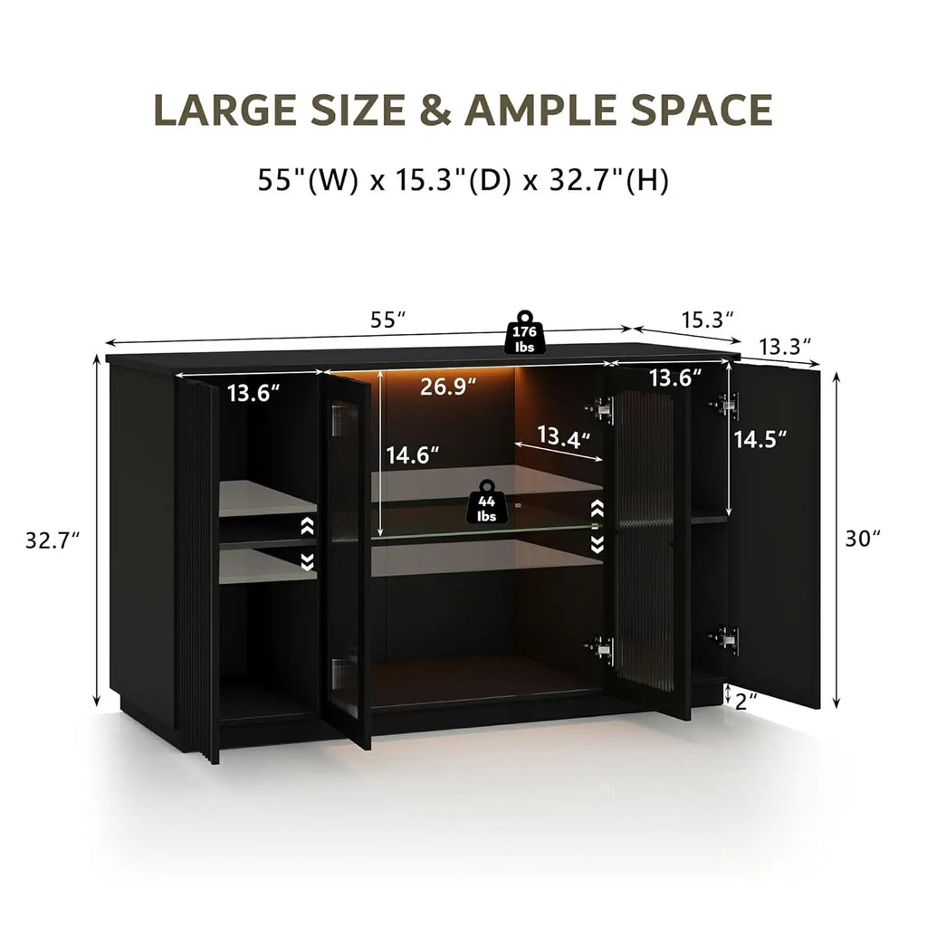 55" Black Sideboard Buffet Cabinet with Glass Doors LED Lights Adjustable Shelves for Kitchen Living Room, Customized