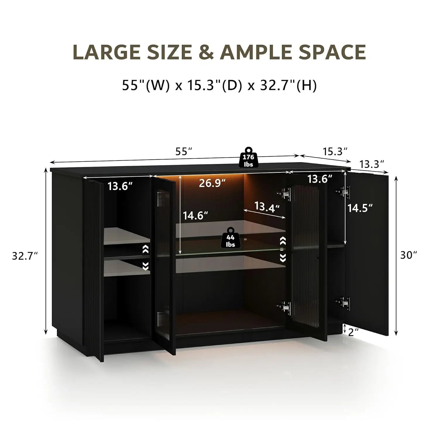 55" Black Sideboard Buffet Cabinet with Glass Doors LED Lights Adjustable Shelves for Kitchen Living Room, Customized